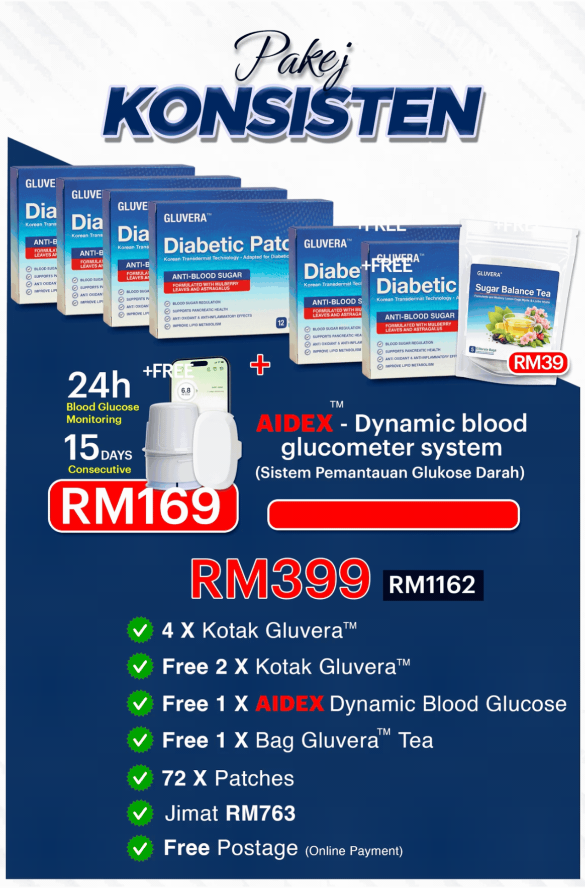 PAKEJ KONSISTEN ( 4 KOTAK GLUVERA DIABETIC PATCH + FREE 2 KOTAK GLUVERA DIABETIC PATCH +FREE GLUCOSE METER+TEH)